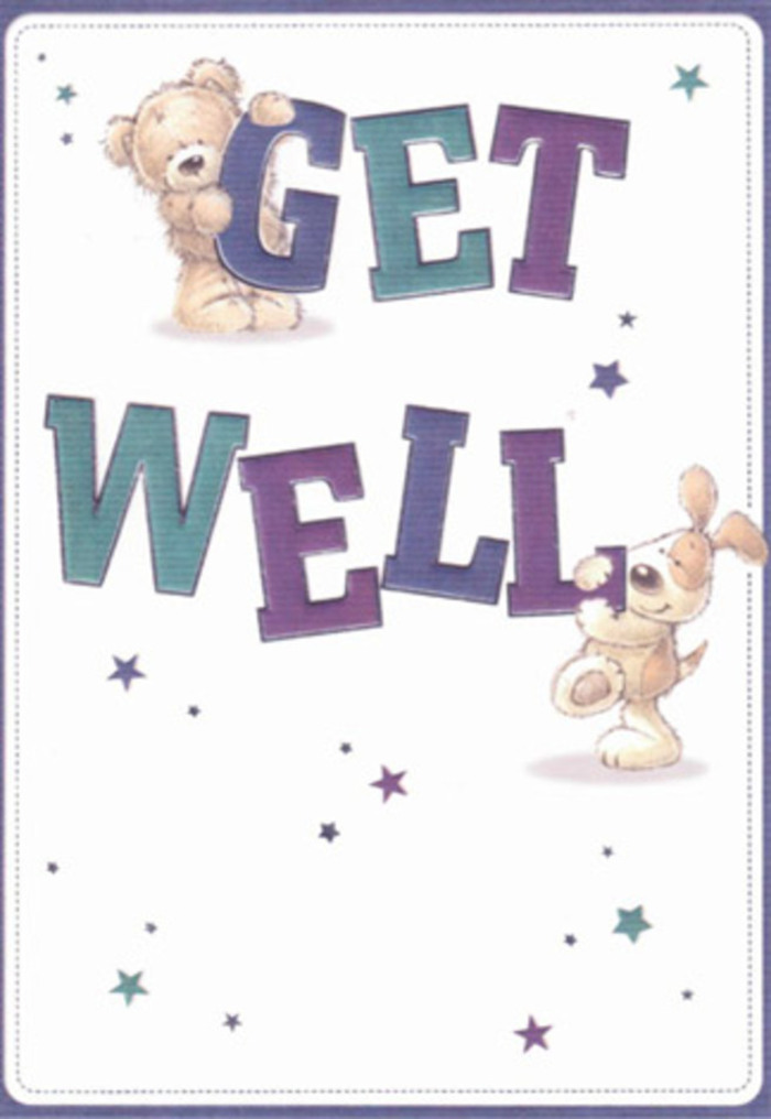 A beacon of gentle encouragement and heartfelt care, this get well card artfully blends playful charm with emotional sensitivity-qualities that make Harrow on the Hill such an inviting place to recover. At its heart, a cuddly teddy bear and an energetic puppy appear mid-action, each lending a paw in delivering get well wishes. The tactile richness of their plush fur is captured in painterly strokes, inviting one to quietly imagine their soft, comforting touch. Swimming around them, star motifs in shades of violet and teal drift across a pristine background, conjuring the same sense of hope that comes with spotting the first blooms of spring near West Street. The typography, bold and reassuring, jumps confidently from the page with its jewel-toned purples and aquas, mirroring the lively window displays in charming local shops. There's a soulfulness here-a convergence of innocence, artistry, and affection-that transforms a simple card into a gentle companion. Sending such an illustration alongside a thoughtfully arranged floral bouquet from Harrow on the Hill Florist would surely lift anyone's spirits and remind them of the warmth that surrounds them in their community.